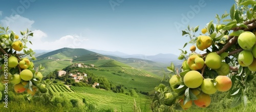 On the beautiful isolated Italian farm surrounded by a breathtaking background of green hills the farmers grow a variety of organic fruits in rich natural soil to create healthy and nutriti photo