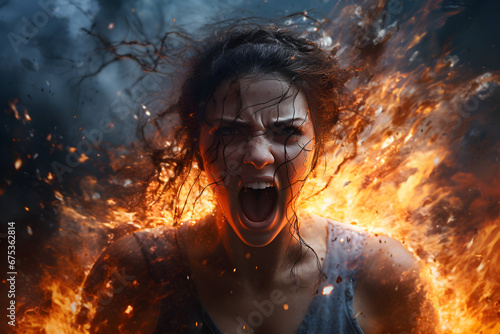 Woman screaming in anger surrounded by flames, depicting the feeling of anger photo