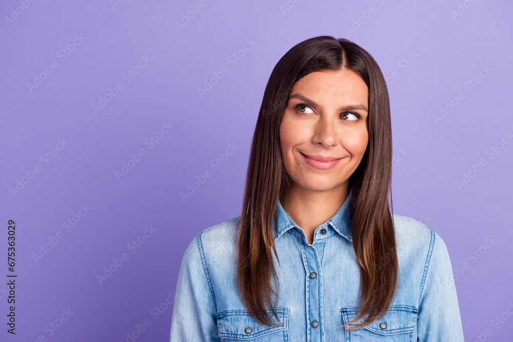 Photo of adorable positive lady look empty space hands cheeks wear white shirt isolated color background Photo of adorable positive lady look empty space hands cheeks wear white shirt isolated color background
