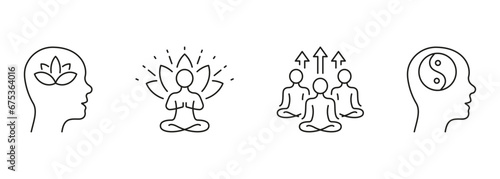Yoga And Health Line Icon Set. Person Meditate In Lotus Position Linear Pictogram. Wellness And Calm Mind Outline Sign. Yin Yang Symbol, Zen Pose. Editable Stroke. Isolated Vector Illustration
