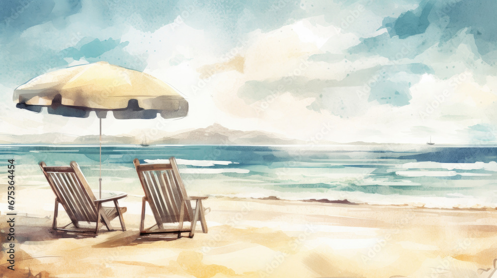 Watercolor painting of two chairs on the beach with an umbrella.
