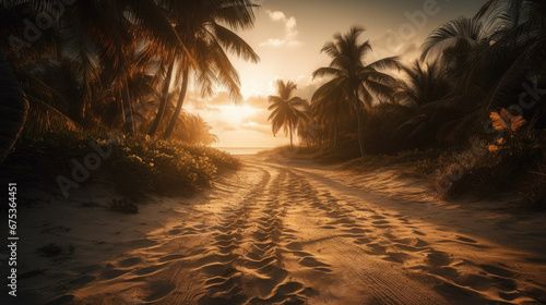 Sandy beach with palm trees in the background.