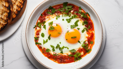 Homemade spicy shakshuka with eggs close up
