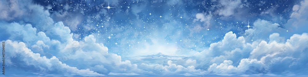 Obraz premium Dreamy blue sparkling cloudscape. Calm blue sky and clouds background with room for text copy.