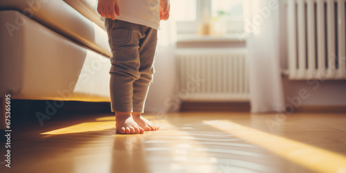 Little child standing with barefoot on the floor. Heating concept. photo