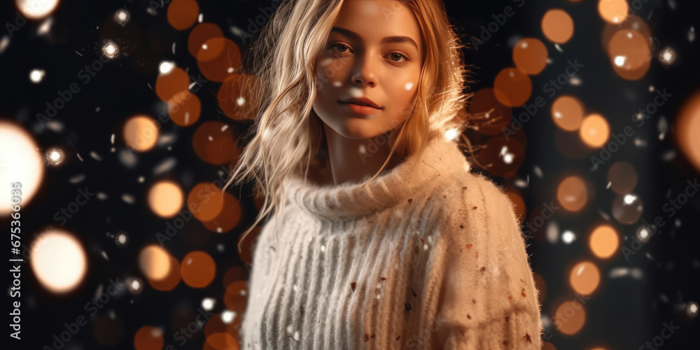 Young Woman in white warm sweater standing on winter city street at night, in background there are Christmas lights. Beauty Girl at Christmas or New Year Party Young Woman in white warm sweater standing on winter city street at night, in background there are Christmas lights. Beauty Girl at Christmas or New Year Party
