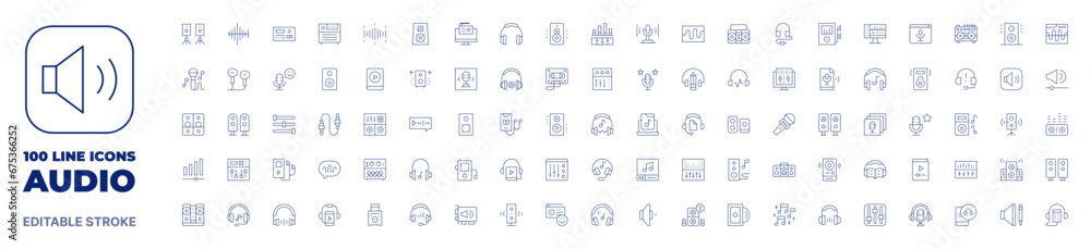 100 icons Audio collection. Thin line icon. Editable stroke. Audio icons for web and mobile app.