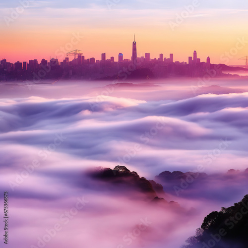 Dawn's Embrace: San Francisco Skyline Above the Clouds,sunrise over the city