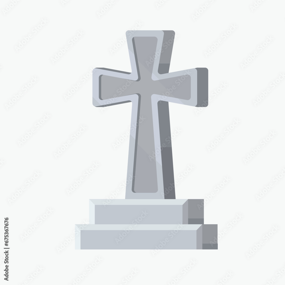Flat illustration of a tombstone in the form of a cross in a minimalistic voluminous style. Tombstone in game flat style.
