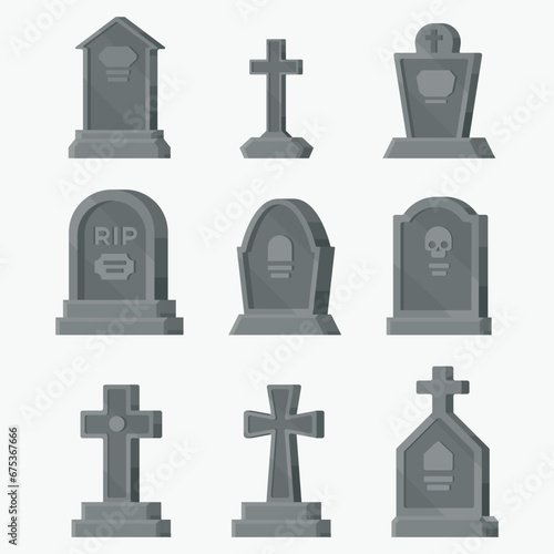 Set of illustrations of tombstones in minimalist voluminous style. Tombstone in game flat style.