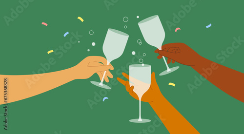 Celebration vector illustration. Diversity male or female hands holding champagne or wine glass. People hold cocktail drink. Cheers, festivity new year, birthday party. Anniversary, xmas holiday event