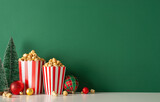 A-list movie premiere with delectable snack theme. Side view of table with popcorn in striped boxes, accented by ornaments and petite fir tree against green wall backdrop, designed for movie advert