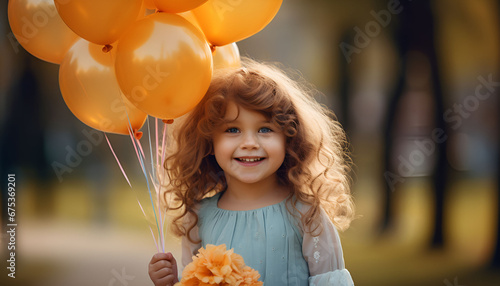 A Portrait Of Happy little girl holding Orange Color balloons,Premium Quality Image, HD Wallpaper