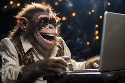 The muzzle of a laughing monkey sitting at a laptop. Communication online. Joke, humor.