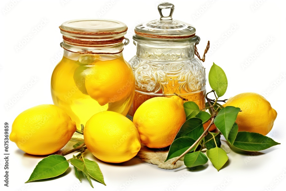 There are glass jars and lemons with green leaves on a white background. Citrus fruits and jars on a light background. Fortified, medicinal food. There are glass jars and lemons with green leaves on a white background. Citrus fruits and jars on a light background. Fortified, medicinal food.