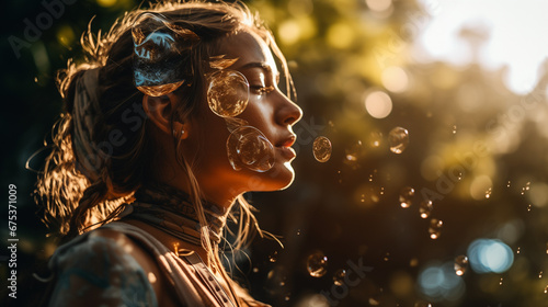 young woman in nature with soap bubbles around her photography