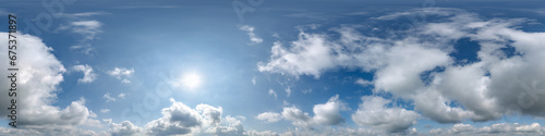 seamless cloudy blue sky 360 hdri panorama view with zenith and clouds for use in 3d graphics or game development as skydome or edit drone shot or sky replacement photo