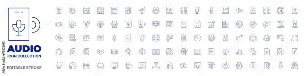 Audio icon collection. Thin line icon. Editable stroke. Editable stroke. Audio icons for web and mobile app.