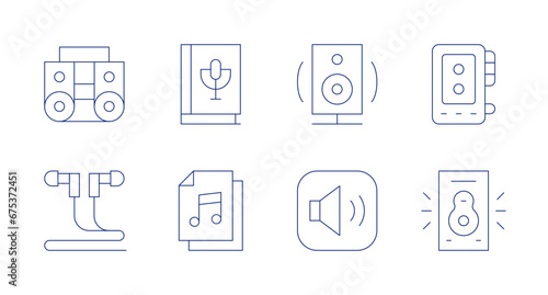 Audio icons. Editable stroke. Containing boombox, earphones, book, audio, audio recorder, speaker, volume up.