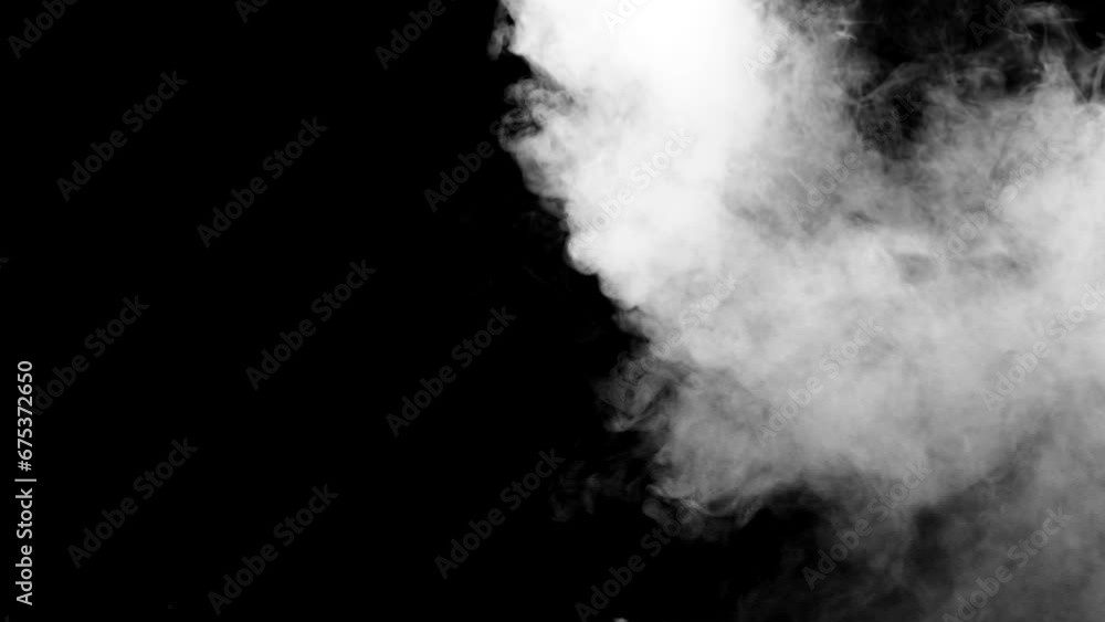Abstract white smoke animation on a black background. Smoke, steam, explosion, fire, puff, steady vapors. Realistic smoke cloud from up and button with floating fog. Best for using in composition.