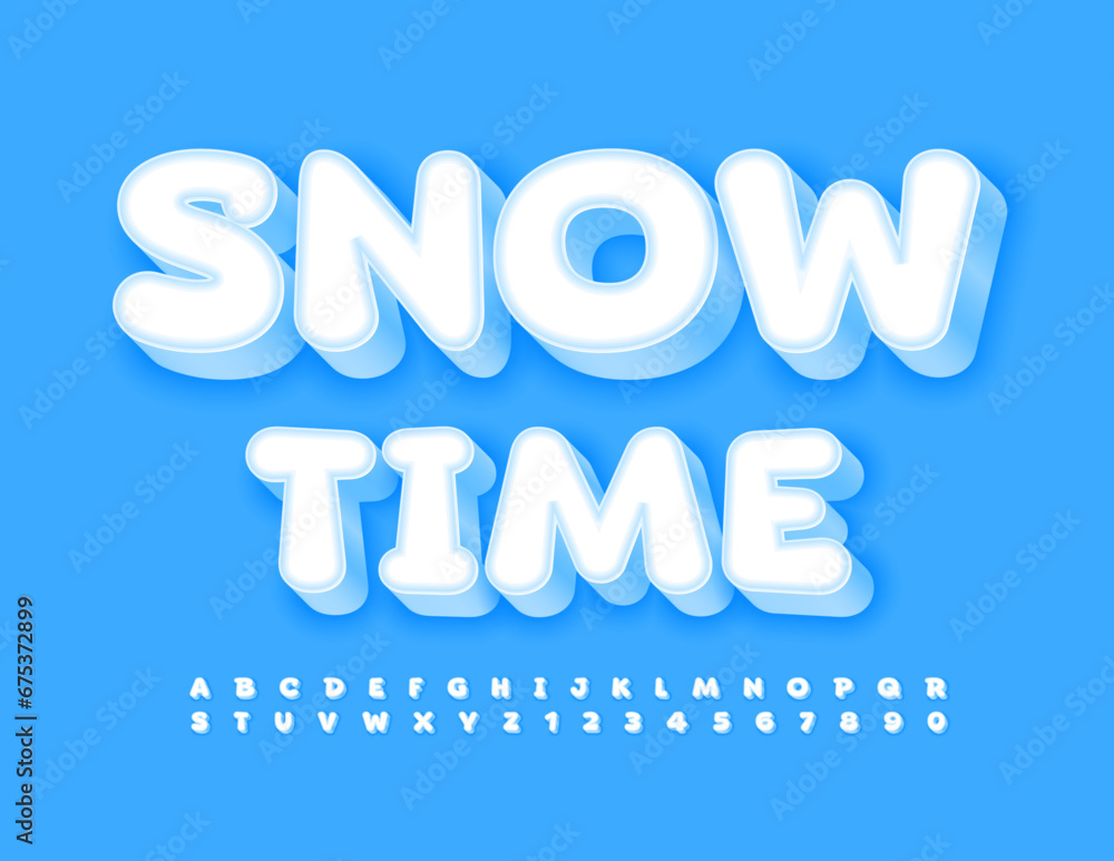 Vector happy flyer Snow Time. Creative White 3D Font. Children Alphabet Letters, Numbers and Symbols for Kids Vector happy flyer Snow Time. Creative White 3D Font. Children Alphabet Letters, Numbers and Symbols for Kids