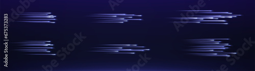 Speed Lines. Background of blue or neon speed light lines. Dynamic lights on a dark background. Concept of high speed neon speed lines. Vector png.

