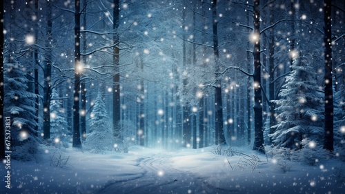 a snowy forest at twilight, with delicate snowflakes falling gently on the ground, and a distant glow of Christmas lights illuminating the serene winter scene. © baloch