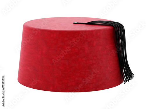 Red fez hat with black tassel. Transparent background. 3D illustration photo