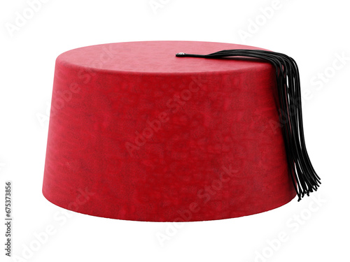 Red fez hat with black tassel. Transparent background. 3D illustration