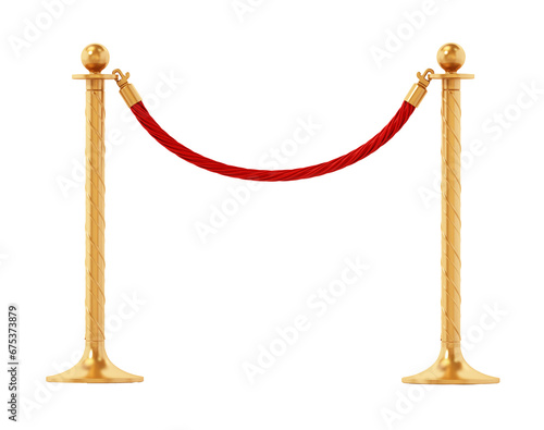 Velvet rope and golden barriers isolated on white background. 3D illustration photo