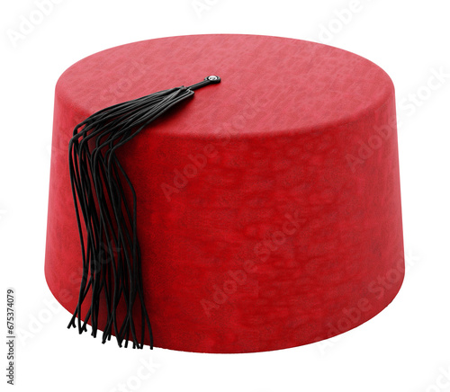 Red fez hat with black tassel. Transparent background. 3D illustration