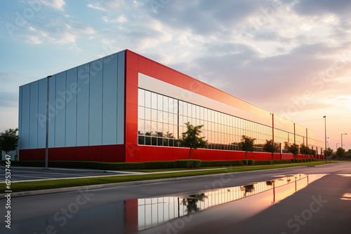 Modern sleek office building factory on reflection puddle road after rain in background of beautiful sky. Work concept of company or building.