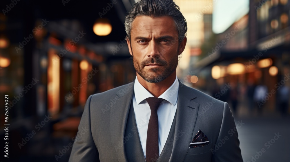 A man in a suit and tie standing on a street A man in a suit and tie standing on a street