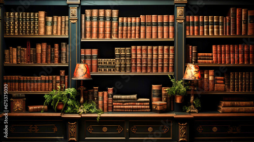 Vintage leather-bound books, Library shelves, Age-old wisdom with gold embossed titles,