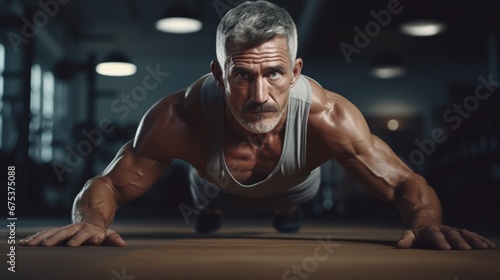 Muscular senior athlete training with determination on wooden gym floor