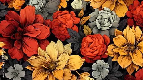 A bunch of flowers that are on a black background