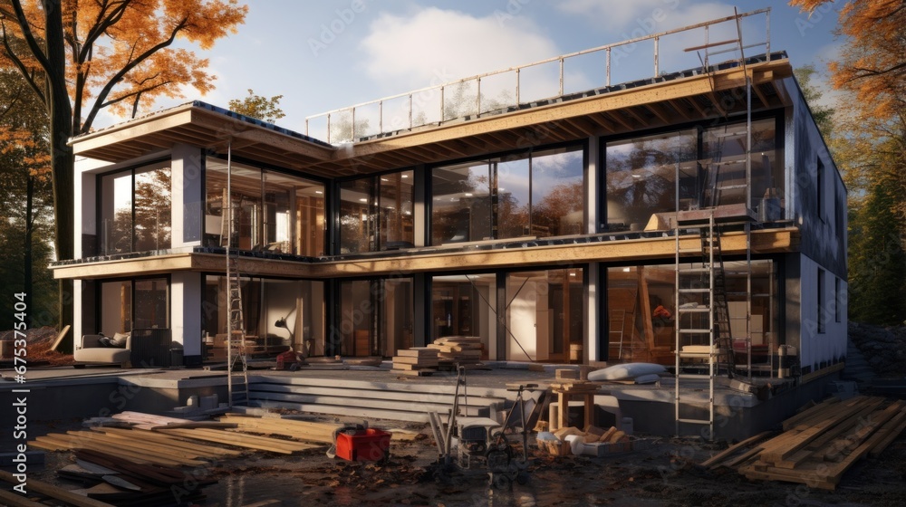 A rendering of a house being built in the woods A rendering of a house being built in the woods