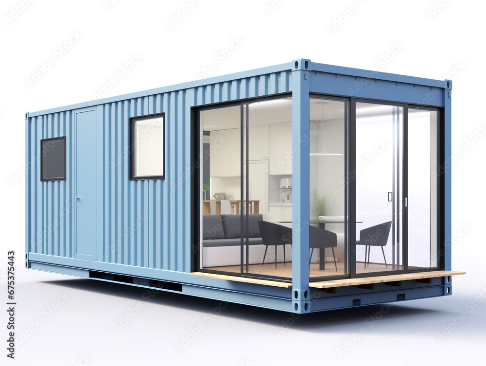 Fototapeta premium A small house made from a shipping container. Simple design and fast construction method. 3D model illustration.