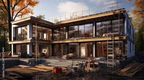 A rendering of a house being built in the woods