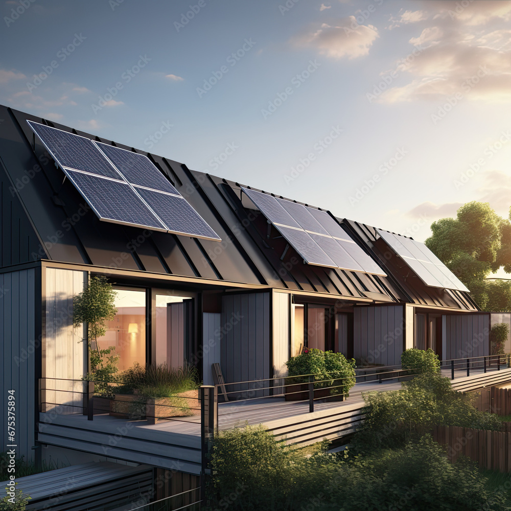 Fototapeta premium Constructed homes with solar panels on the roof.
