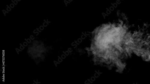 Abstract white smoke animation on a black background. Smoke, steam, explosion, fire, puff, steady vapors. Realistic smoke cloud from up and button with floating fog. Best for using in composition. photo