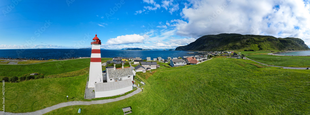 Airial view of the Alnes Fyr lightnouse on the coast of Norway - obrazy, fototapety, plakaty 