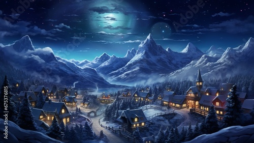 a starry night sky over a picturesque town, where each house is adorned with glowing Christmas lights, capturing the peaceful ambiance of a silent night during the holiday season.
