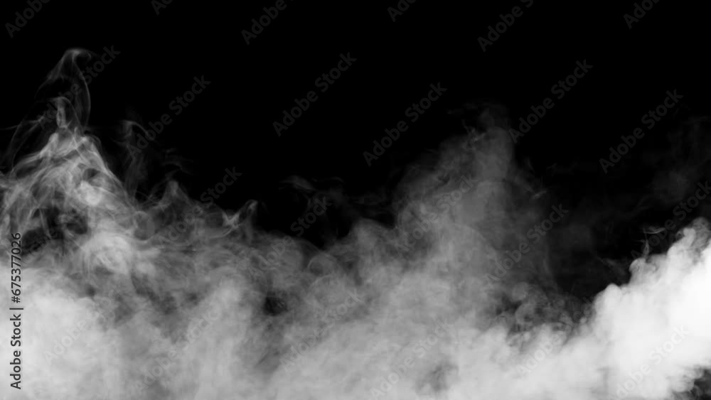Abstract white smoke animation on a black background. Smoke, steam, explosion, fire, puff, steady vapors. Realistic smoke cloud from up and button with floating fog. Best for using in composition.