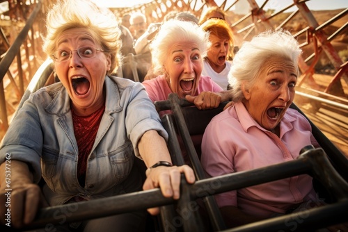 Group of senior people exciting and screaming on the roller coaster background. Funny face people at the amusement park.