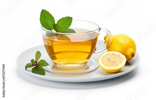 Cup of herbal diet tea, lemon slice and green mint leaves on white, closeup. Weight loss and healthy life concept