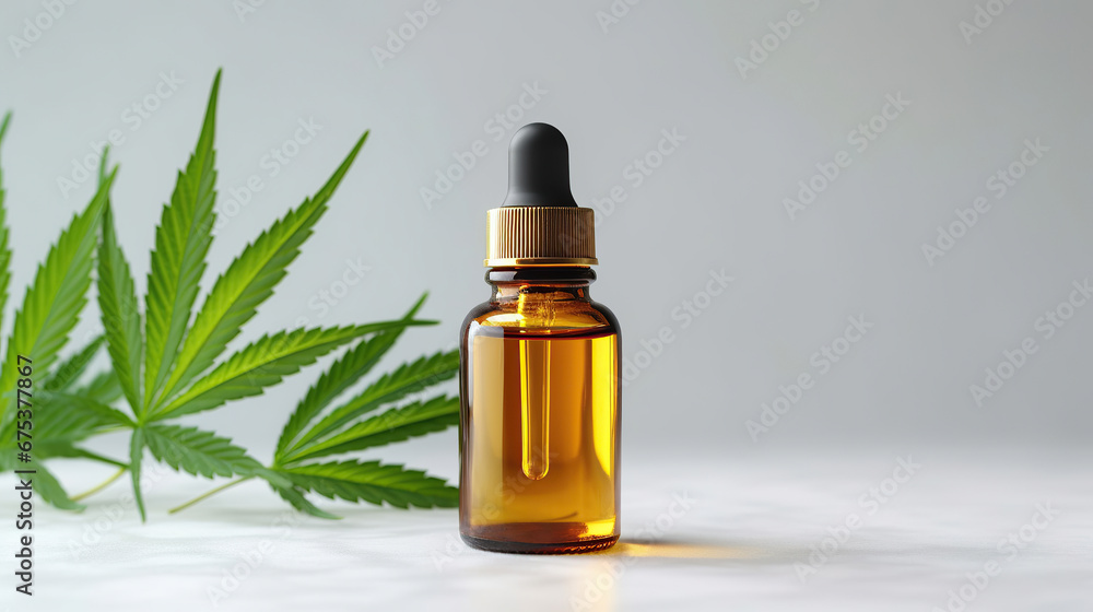 Fototapeta premium CBD oil bottle among cannabis leaves. Mockup design for medical CBD, THC tincture product.