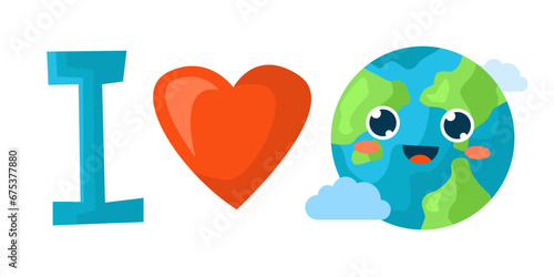 Kawaii drawing of planet Earth with text and heart. Poster design. Earth Day in Defense of the Environment. Save the planet. (ID: 675377880)