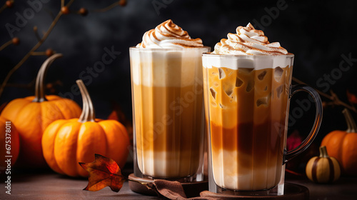Iced pumpkin spice and caramel latte with whipped cream and syrup.