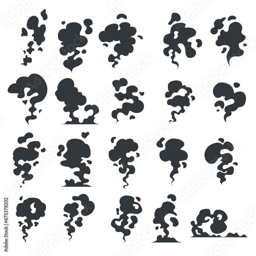 Cartoon smoke clouds. Comic smoke flows, dust, smog and smoke steaming cloud silhouettes. Smell clouds. Smoke from vapour or food toxic smell